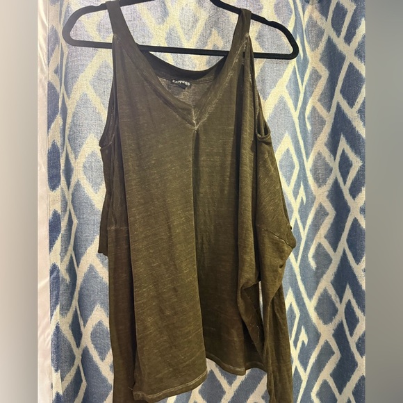 Express Thin Cold Shoulder Long Sleeve Oversized Shirt Washed Green/Brown Size M - Picture 2 of 6